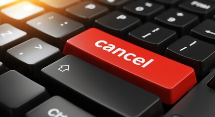 Close-up of red cancel button on computer keyboard. Prominent key with white text next to shift key. Technology interface. Customer service, subscription cancellation. Horizontal banner