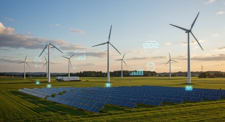Renewable energy farm with wind turbines and solar panels with digital data overlays. Smart grid technology with virtual monitoring interfaces connecting green energy. Sustainable power generation.