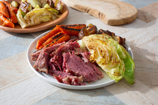 A view of a plate of Irish corned beef.