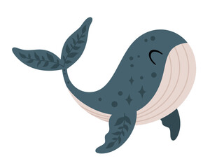 Fototapeta premium Cute whale clipart, isolated cartoon sea character. Ocean animal hand drawn vector illustration in flat style