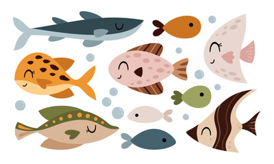 Set with cute fish, isolated cartoon sea character. Boho ocean animal clipart. Nautical hand drawn vector illustration in flat style