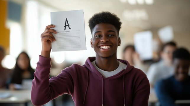 Student celebrates academic achievement with proud smile while holding an A grade paper in classroom setting