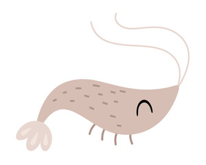 Cute shrimp clipart, isolated cartoon sea character. Ocean animal hand drawn vector illustration in flat style