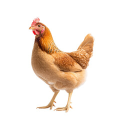 Fototapeta premium A realistic image of a brown chicken with a prominent comb and feathered body, depicting its natural posture.