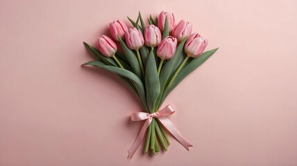 Obraz premium A beautiful bouquet of pink tulips tied with a delicate ribbon against a soft pink background.