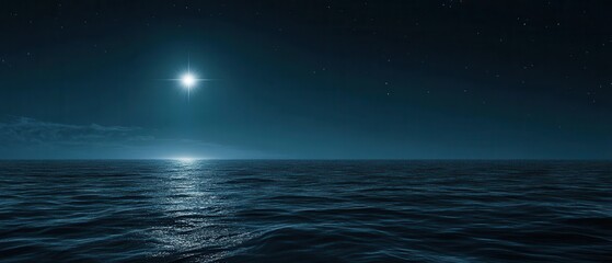 Serene Night Ocean Scene with Bright Star and Gentle Waves Under A Clear Sky