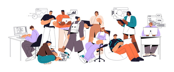 Teamwork development concept. Team of programmers, coders, analysts, software engineers is programming, writes scripts, code, works at computers together. Flat isolated vector illustration on white