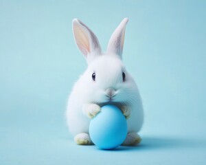 Obraz premium Cute White Bunny Holding a Blue Easter Egg on Pastel Background