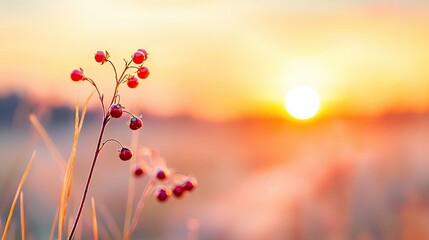 Summer berries sunset dramatic clouds with fiery sunbeam over tranquil mist concept. Delicate red berries glimmering in the warm sunset glow.