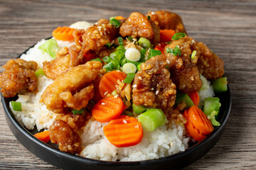 A view of a garlic chicken bowl.