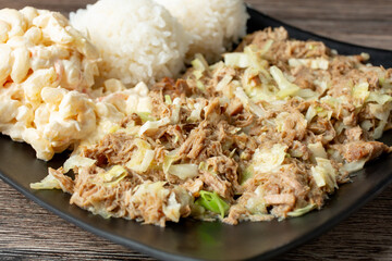 A closeup view of a plate of kalua pork with cabbage.