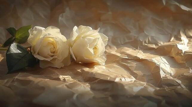 Close-up of two pristine white roses on textured brown crumpled paper, illuminated by soft sunlight with shallow depth of field emphasizing delicate petals and vintage elegance. Romantic floral compos - Powered by Adobe