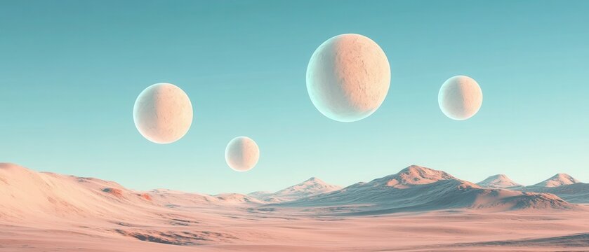 Surreal landscape with floating spheres in a desert under a blue sky during daylight hours