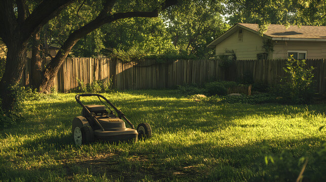 lawnmower cutting grass in a simple suburban backyard, with old trees and a wooden fence in the background 