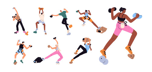 Climbers on bouldering wall set. People climbing on top of rock in mountain park by artificial stones. Characters do sport, training mountaineering in gym. Flat isolated vector illustrations on white