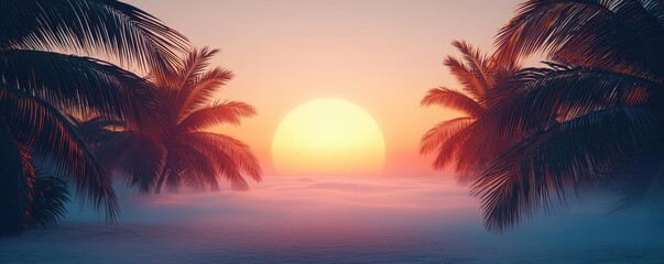 Obraz premium Tropical island sunset path bathed in illuminated fog and quiet twilight concept. Stunning sunset view with palm trees and colorful sky.
