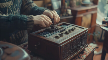 of a person manually cranking an old-fashioned music box, with a nostalgic, vintage setting around them 