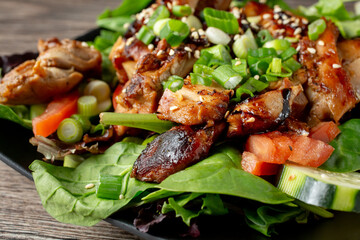 A closeup view of a teriyaki chicken salad.