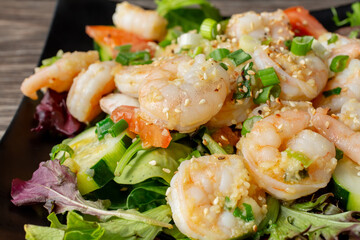 A closeup view of a shrimp salad.