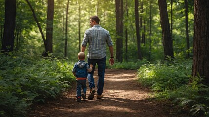Obraz premium A father and his young son walk hand in hand along a serene forest path, surrounded by lush greenery and dappled sunlight.