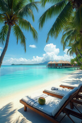 Fototapeta premium Sunny tropical beach features lounge chairs arranged under swaying palm trees. The calm turquoise waters reflect clouds and nearby huts, creating a serene getaway vibe