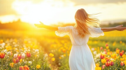 Woman enjoying a sunset in a flower field with blooming tulips and sunflowers in spring, celebrating nature's beauty and freedom