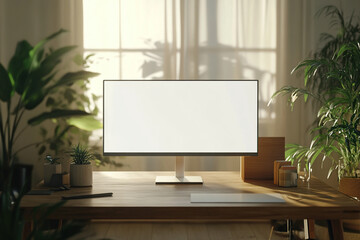 Fototapeta premium Modern workspace with large white monitor on desk. Blank screen