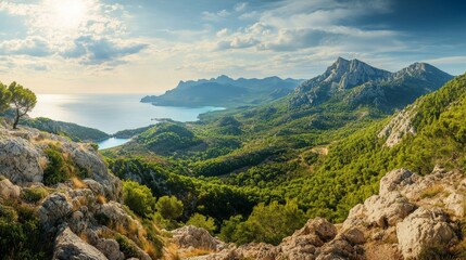 Obraz premium Scenic Mountain Landscape with Lush Greenery and Blue Ocean View