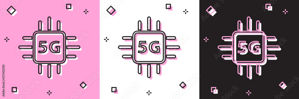 Poster Set Computer processor 5G with microcircuits CPU icon isolated on pink and white, black background. Chip or cpu with circuit board. Micro processor. Vector