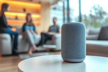 Smart Speaker Conversing with a Couple in a Modern Living Room