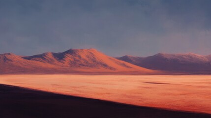 Naklejka premium Serene Sunset Over Vast Desert Landscape with Mountain Ranges