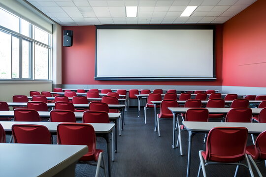 Modern Classroom Design Empty Desks Red Chairs Bright Environment Learning Space
