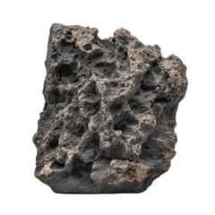 A textured piece of volcanic rock with a rugged surface, showcasing numerous holes and irregularities.