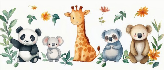 Naklejka premium Watercolor Animals Collection Panda Sloth Giraffe Koala Elephant Tropical Leaves Flowers
