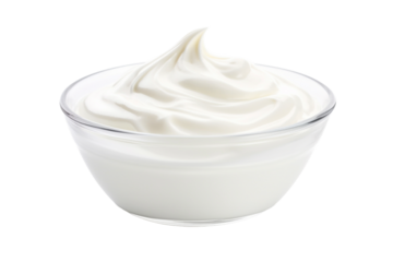 Bowl of fresh greek yogurt or sour cream isolated on transparent background.

