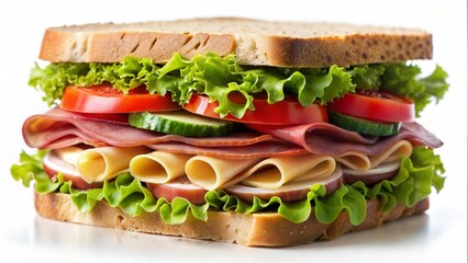 Close up of a sandwich with ham cheese lettuce tomato and cucumber on white bread in a studio shot