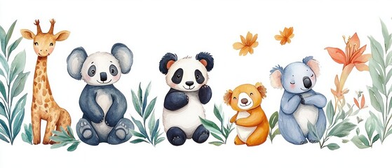 Obraz premium Whimsical Watercolor Animal Collection Panda Elephant Giraffe Koala Sloth with Tropical Leaves Flowers
