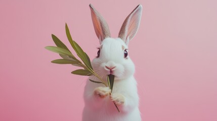 Obraz premium Cute Rabbit Dressed as Tiny Peace Ambassador Holding Olive Branch