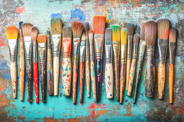 Collection of artist paintbrushes covered in dried paint on a colorful surface, symbolizing creativity and use. 
