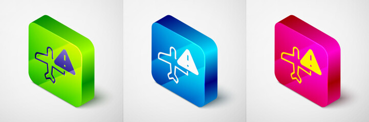 Isometric Warning aircraft icon isolated on grey background. Faulty plane. Flying prohibition zone. Plane is forbidden for transportation and travelling. Square button. Vector