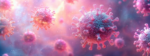 Obraz premium Microscopic View of Vibrant Virus Particles in Ethereal Hues and Shallow Depth of Field