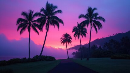 Naklejka premium Tropical island sunset path bathed in illuminated fog and quiet twilight concept. Serene tropical sunset with palm trees against a colorful sky.