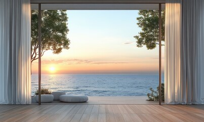 Serene Minimalist Interior with Ocean View and Modern Scandinavian Design
