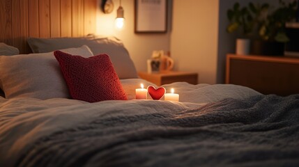 Warm bedroom setting with candles and decorative heart shapes