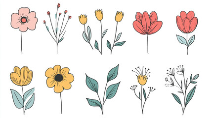 Simple and cute cartoon flower pattern, with colorful pastel colors on a white background. Minimalist in style, featuring simple line art and flat illustration.