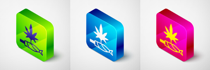 Isometric Marijuana joint, spliff icon isolated on grey background. Cigarette with drug, marijuana cigarette rolled. Square button. Vector