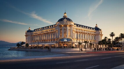 Obraz premium A stunning architectural marvel with elegant golden accents and palm trees at sunset, exuding a luxurious vibe.