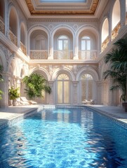 Swimming Pool in Ornate Courtyard with Arches and Palm Trees