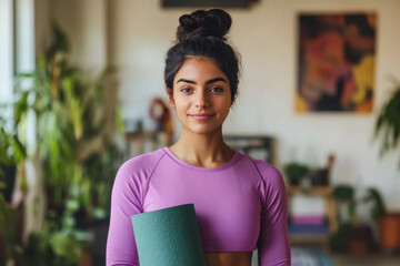 Beautiful Indian woman in her 30s standing with yoga mat in spacious room and smiling