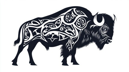 Fototapeta premium Ornate Bison Tribal Art, White Background, Design Element